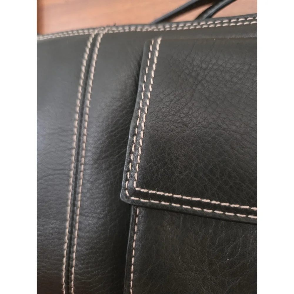 Vtg Preston & York Leather Crossbody Shoulder Purse Adjustable Blk Stitch Trim‎